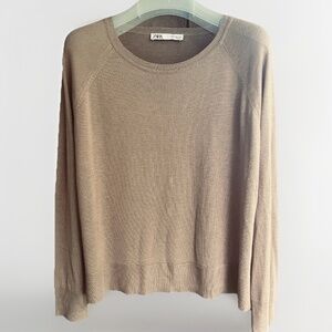 ZARA Knit Soft Sweater Camel Crew Neck Pullover JUMPER Raglan Long Sleeves M